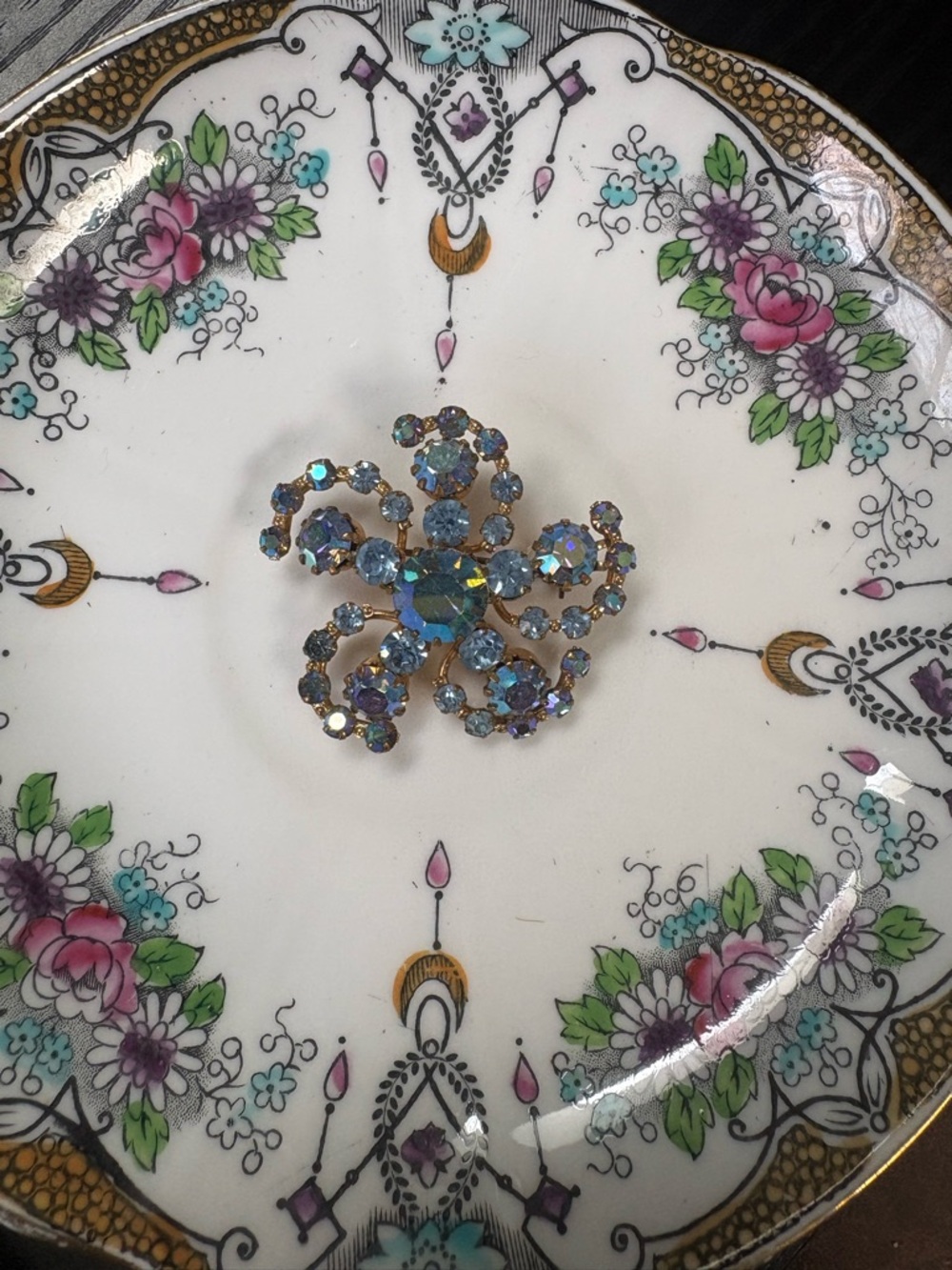 Vintage Aurora Borealis Blue Crystal Flower Brooch, Stamped Made In Austria